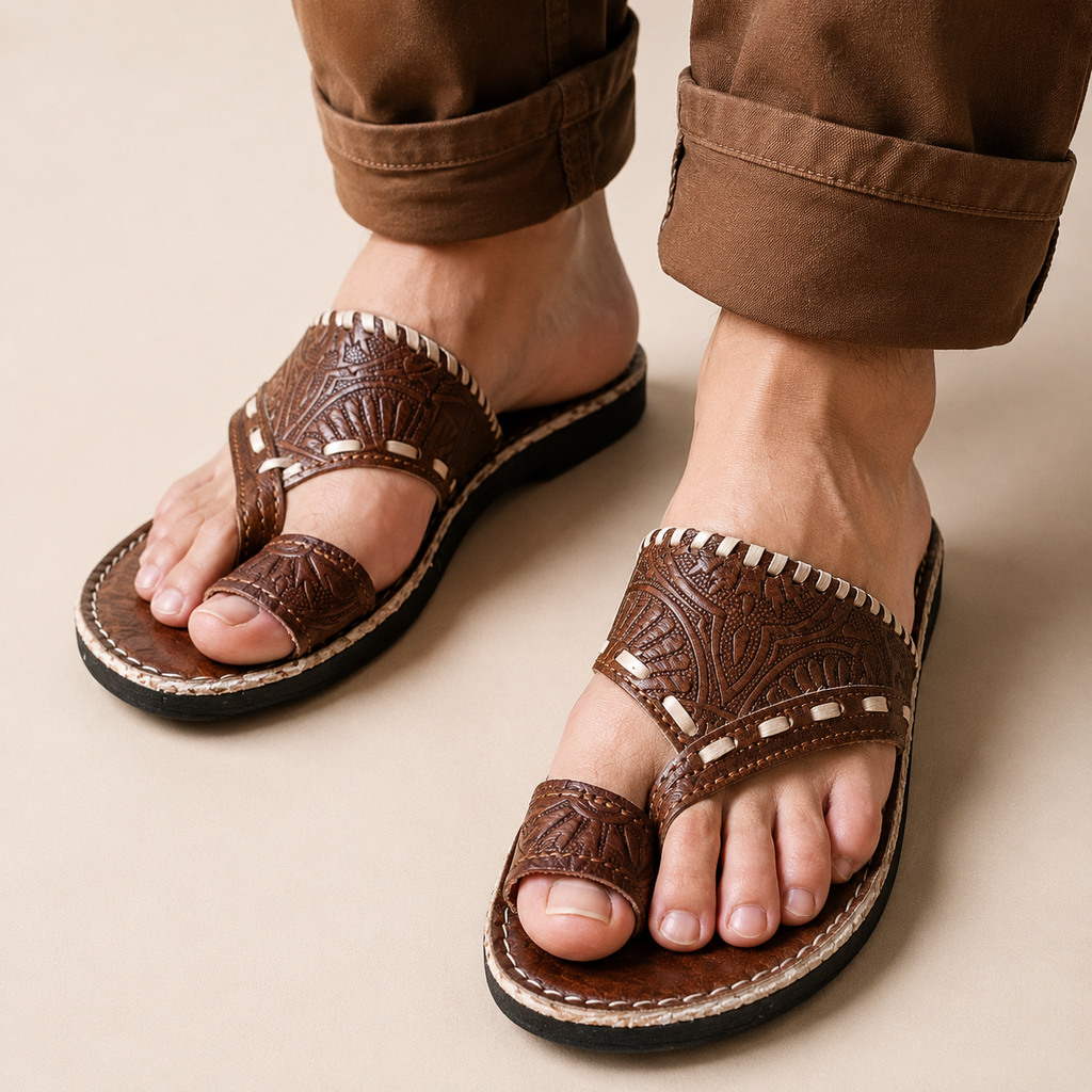 Sandales Marocaines Homme en Cuir Véritable Noir | Sandales Artisanales Fait Main | Entredoigt avec Motifs Floraux | Cuir Pleine Fleur – Yamiriam