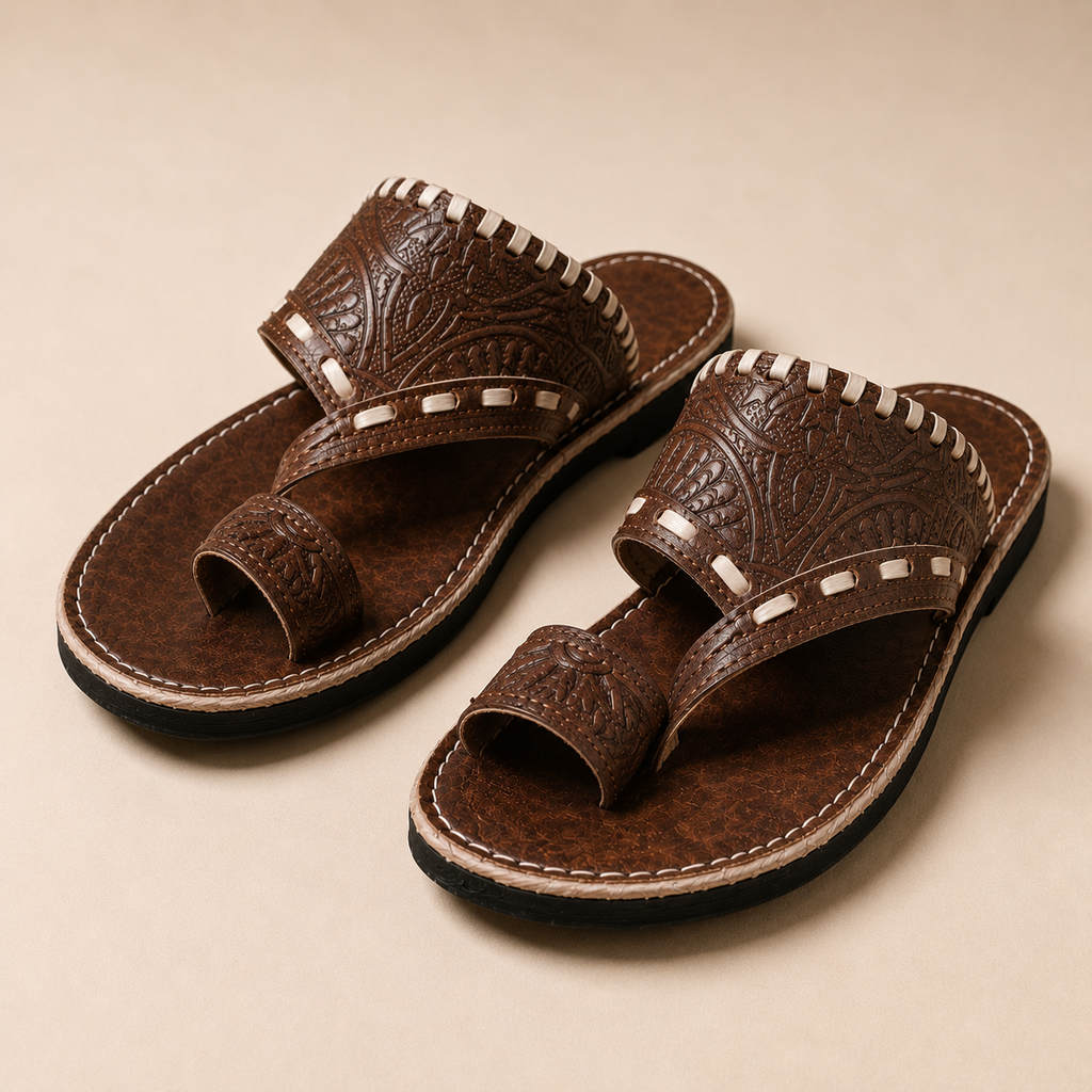 Sandales Marocaines Homme en Cuir Véritable Noir | Sandales Artisanales Fait Main | Entredoigt avec Motifs Floraux | Cuir Pleine Fleur – Yamiriam