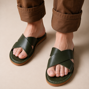 Sandales Cuir Vert Olive & Chibi Homme - Style Croisé