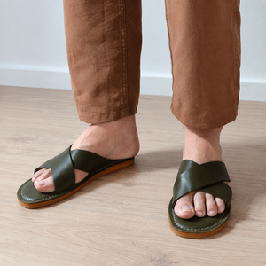 Sandales Cuir Vert Olive & Chibi Homme - Style Croisé