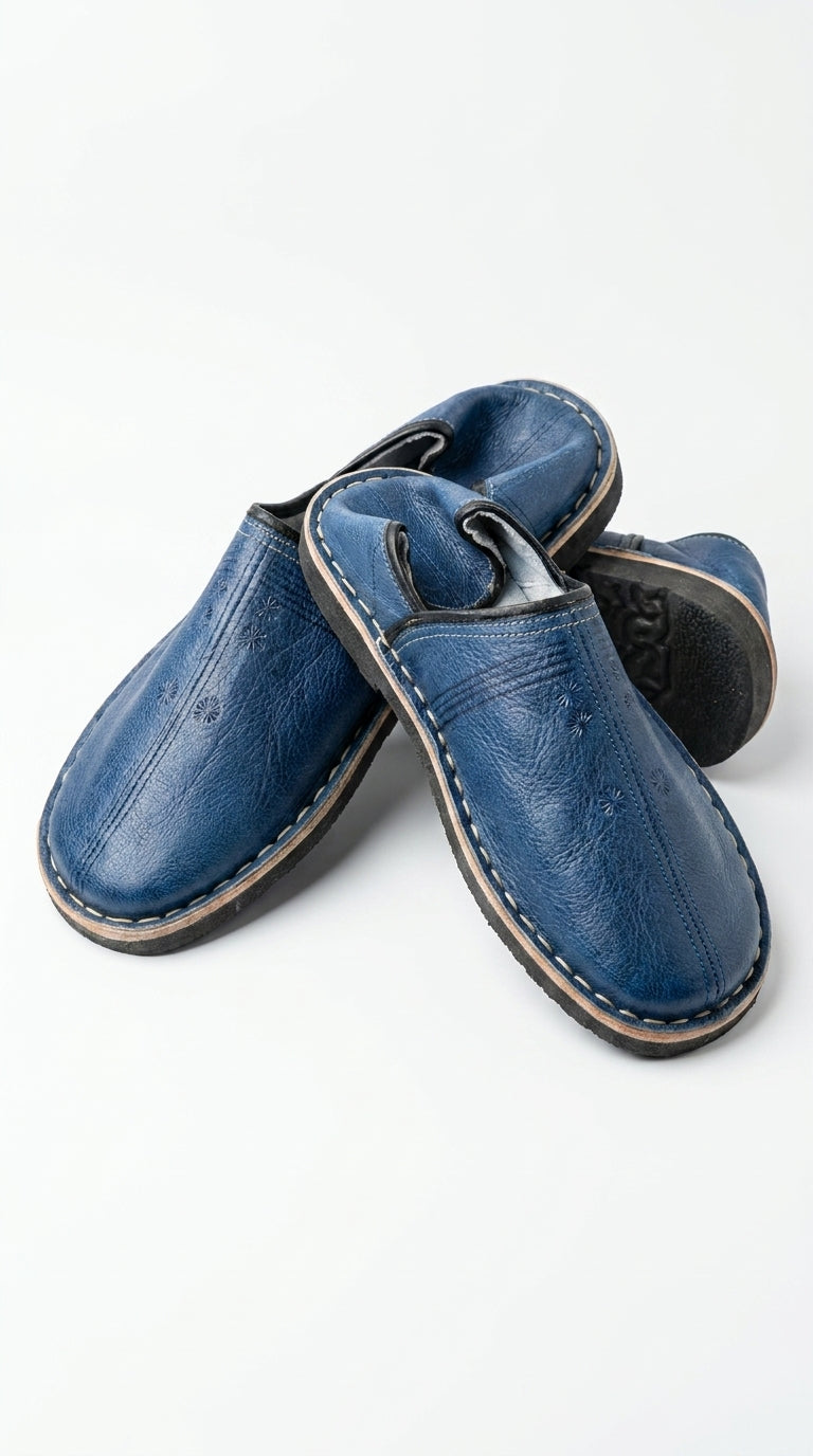 Babouches Marocaines Bleu Indigo | Cuir Véritable Homme