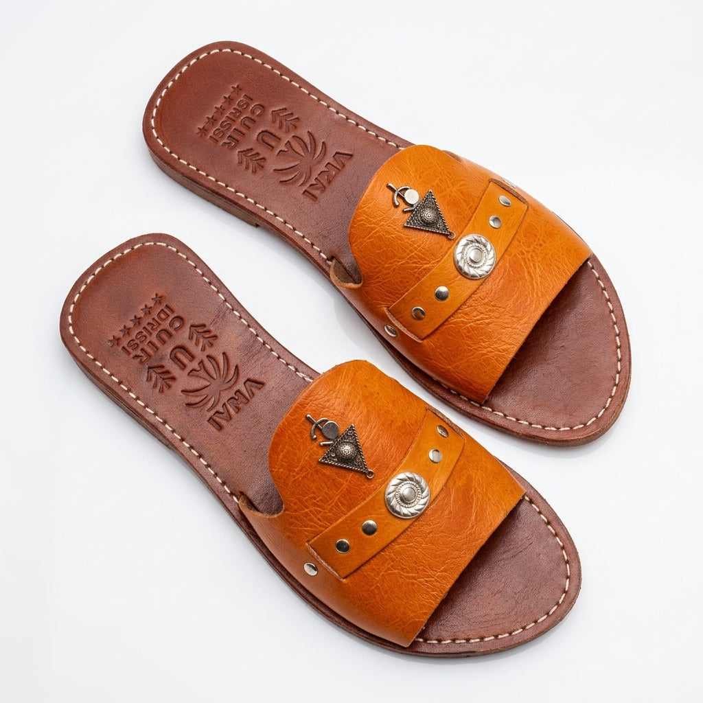 Mules en Cuir Caramel Fauve - Artisanat Cuir Idrissi