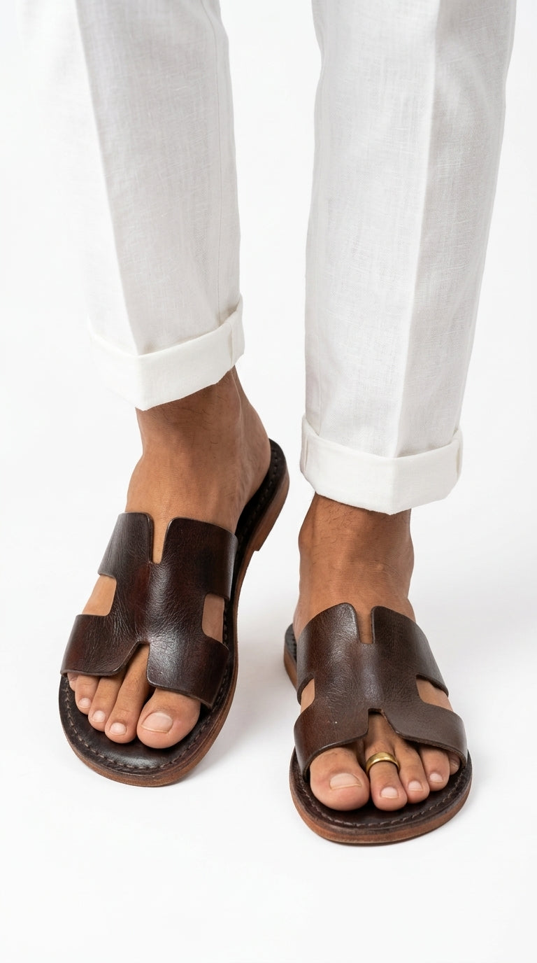 Sandales d'Été en Cuir Marron Patiné | Homme