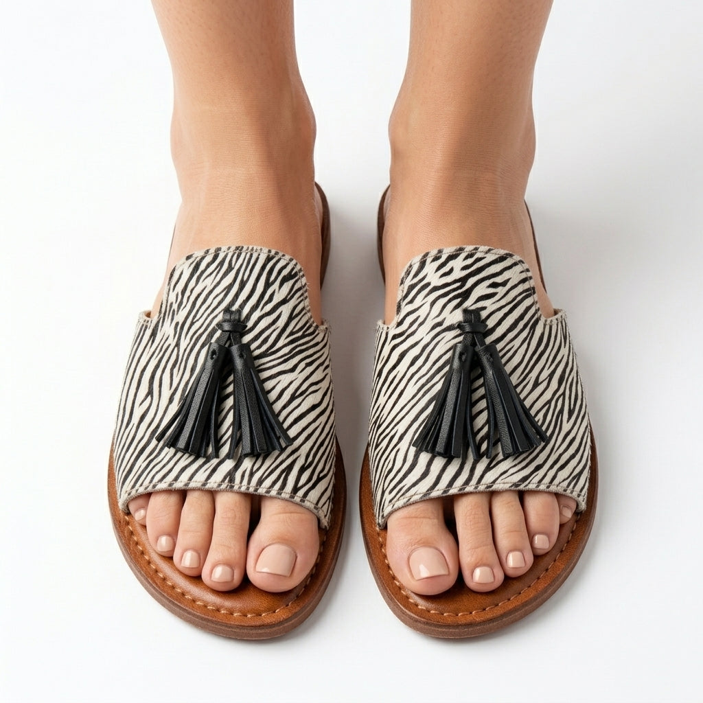 Mules en Cuir Imprimé Zèbre pour Femme - Style Chic Sauvage