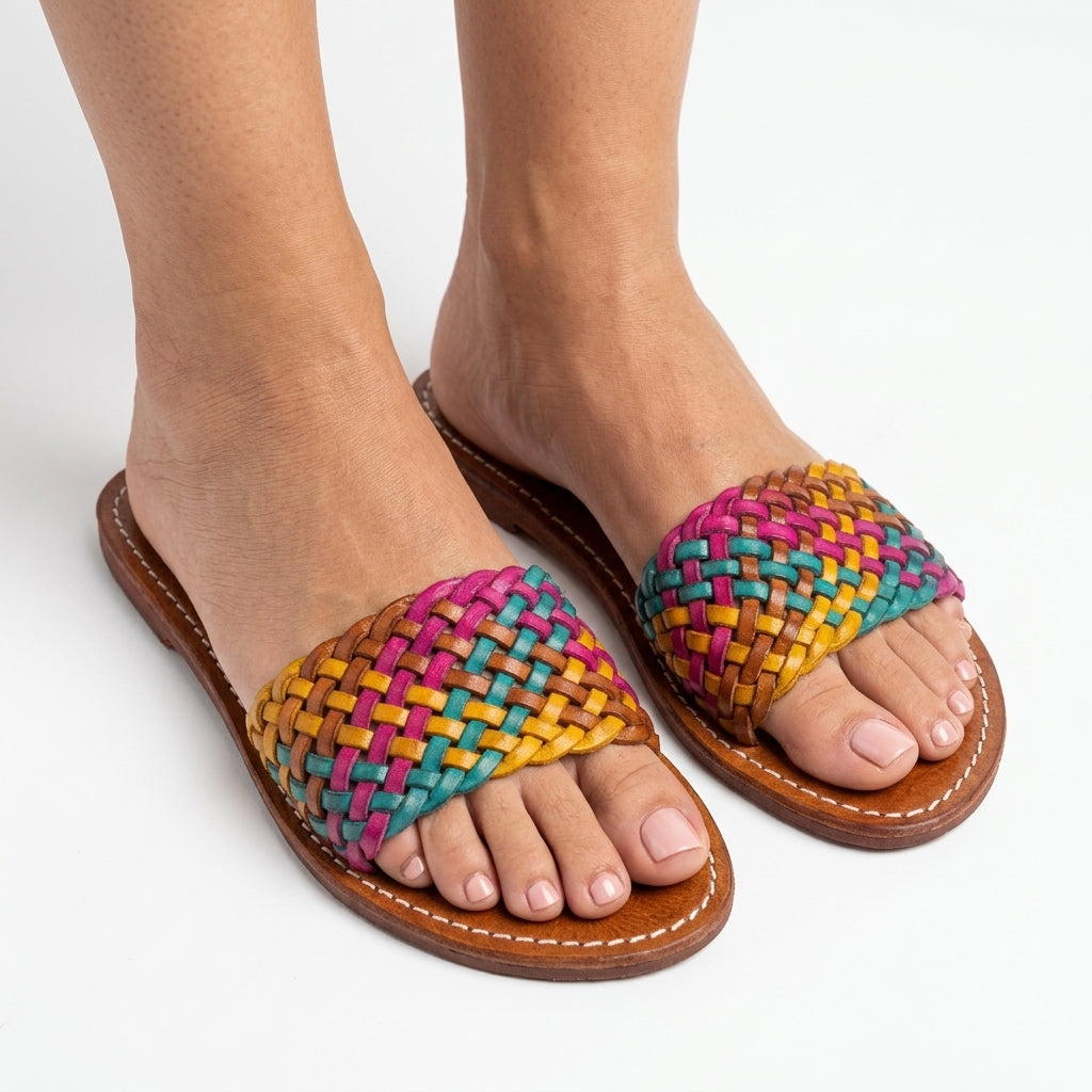 Mules en Cuir Tressé Multicolore pour Femme - Style Boho Chic