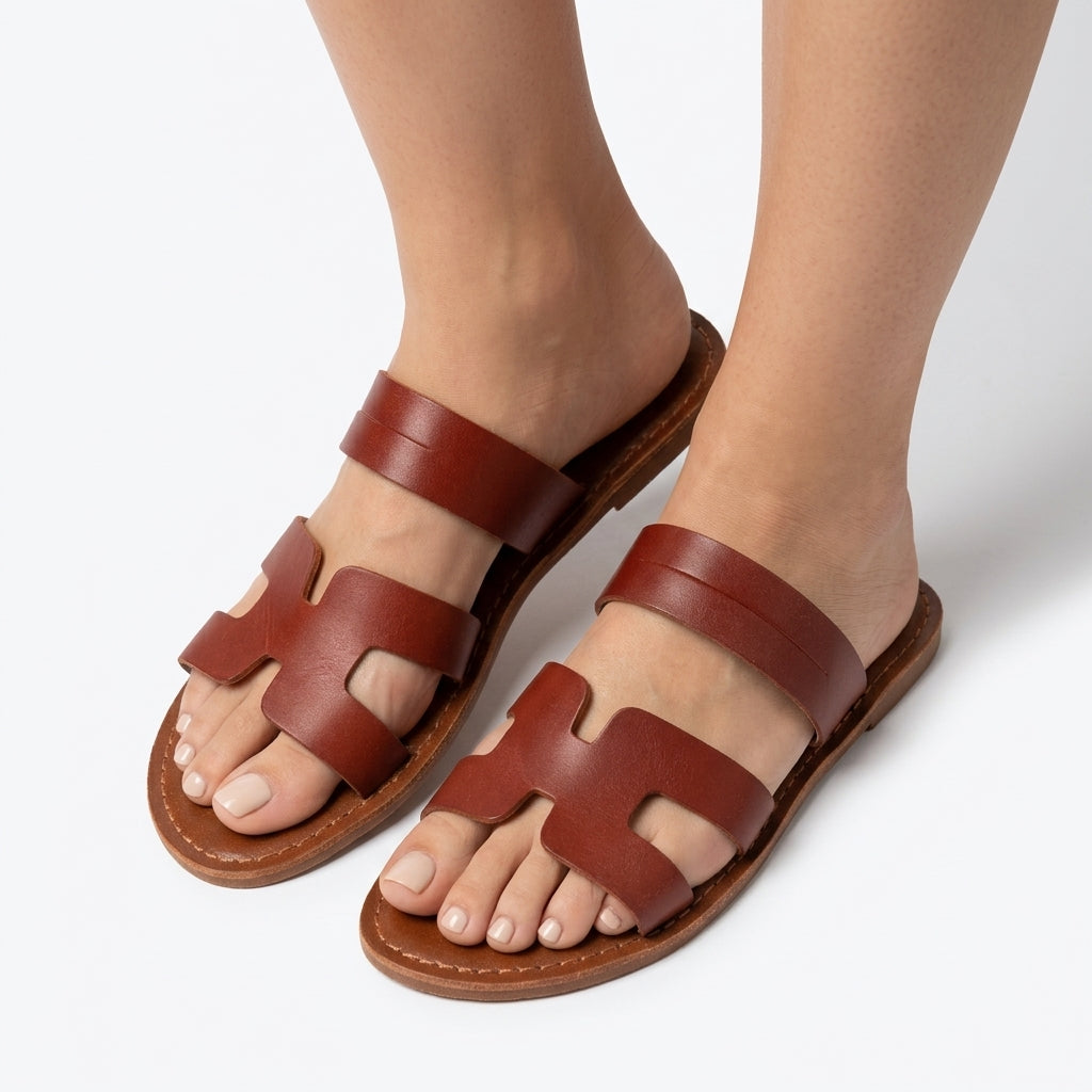 Mules en Cuir Marron en H pour Femme - Style Chic & Minimaliste