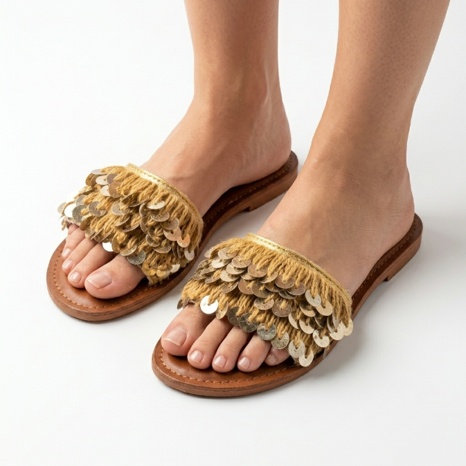 Mules Bohèmes en Cuir et Franges avec Sequins Dorés - Fait Main Maroc