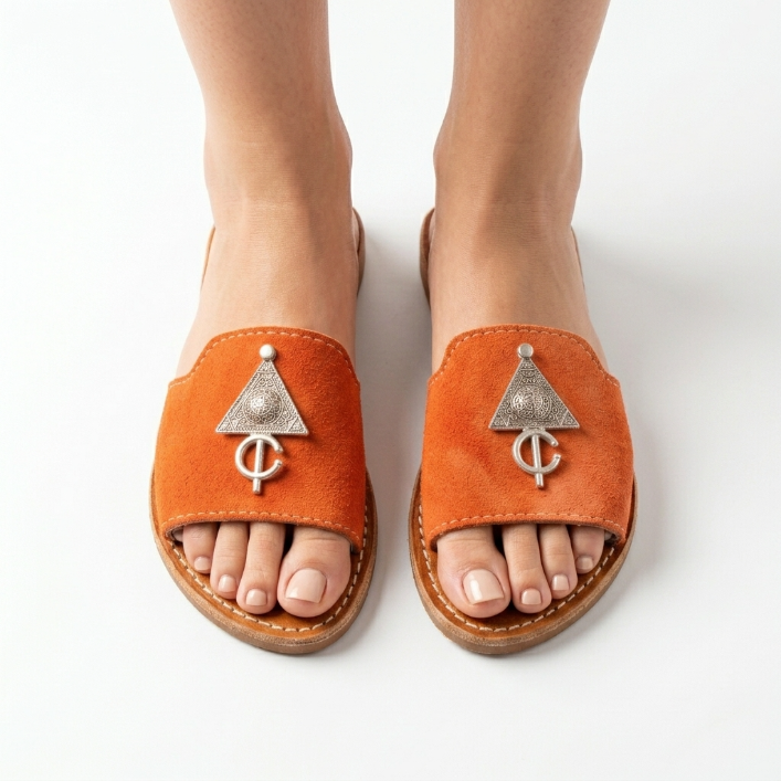 Mules en Daim Orange Terracotta pour Femme avec Bijou Berbère - Fait Main Maroc