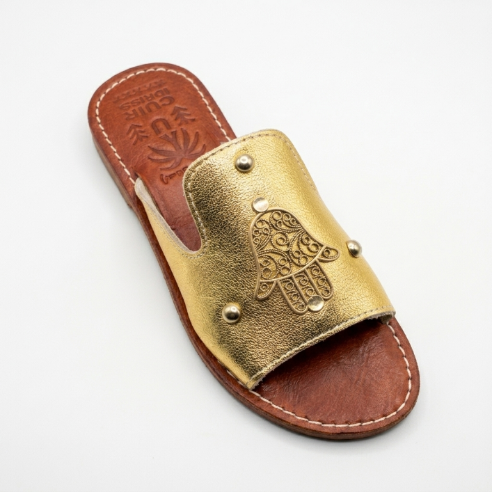 Mules en Cuir Doré pour Femme avec Khamsa - Fait Main Maroc