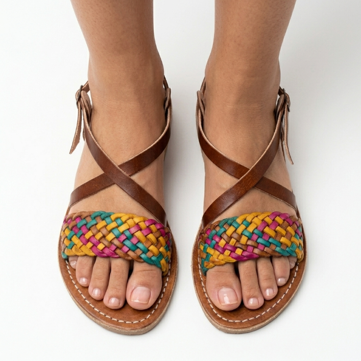Sandales en Cuir Tressé Multicolore pour Femme - Fait Main Maroc
