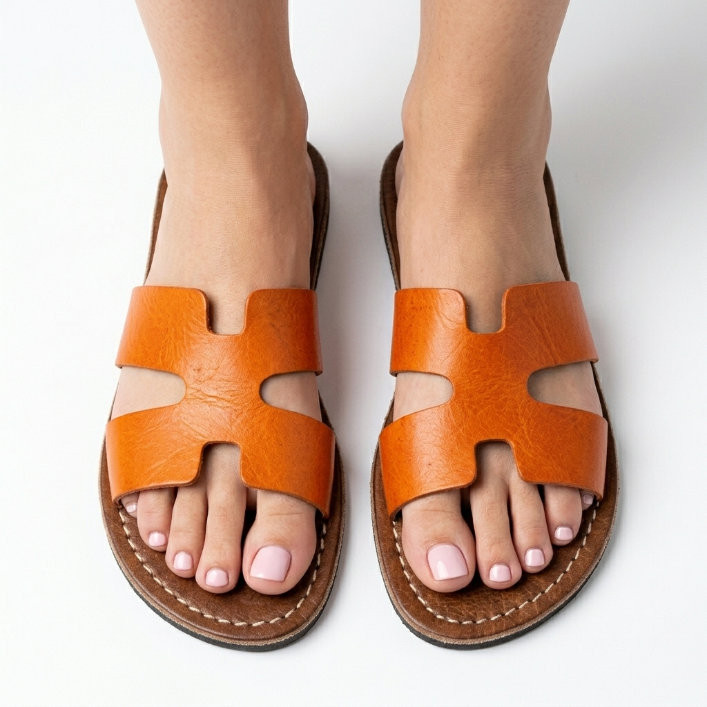 Sandales en Cuir Orange pour Femme - Style Épuré Découpe en H