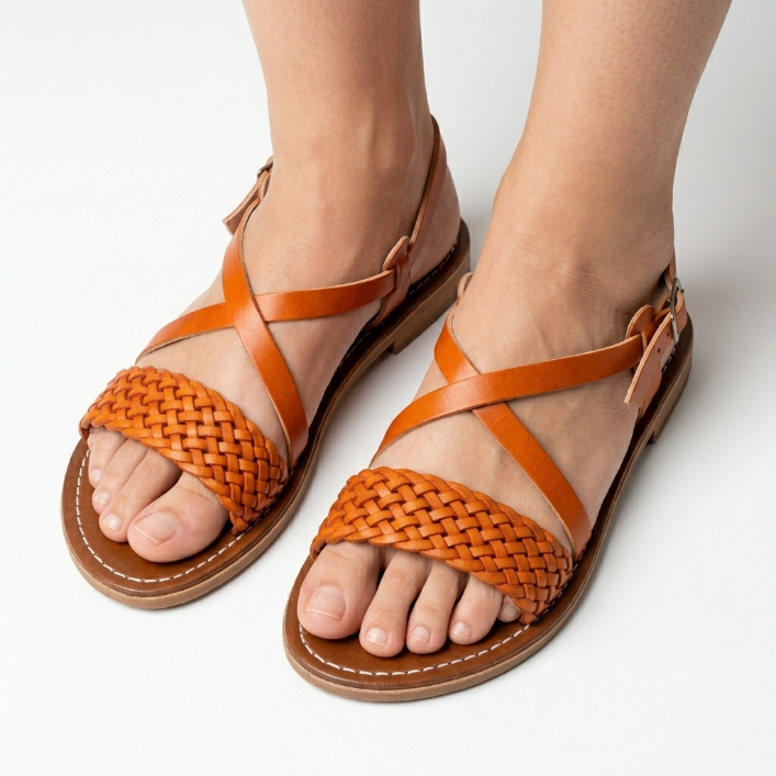 Sandales en Cuir Camel Tressé pour Femme - Style Spartiate Fait Main