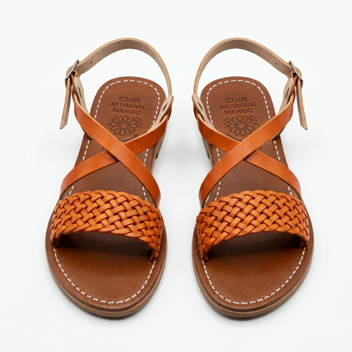 Sandales en Cuir Camel Tressé pour Femme - Style Spartiate Fait Main