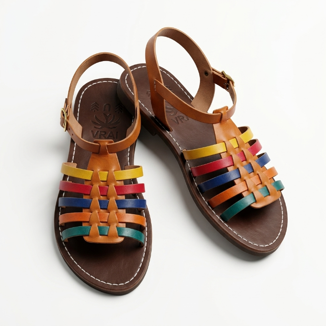 Sandales Cage Multicolores en Cuir pour Femme - Style Huarache Fait Main