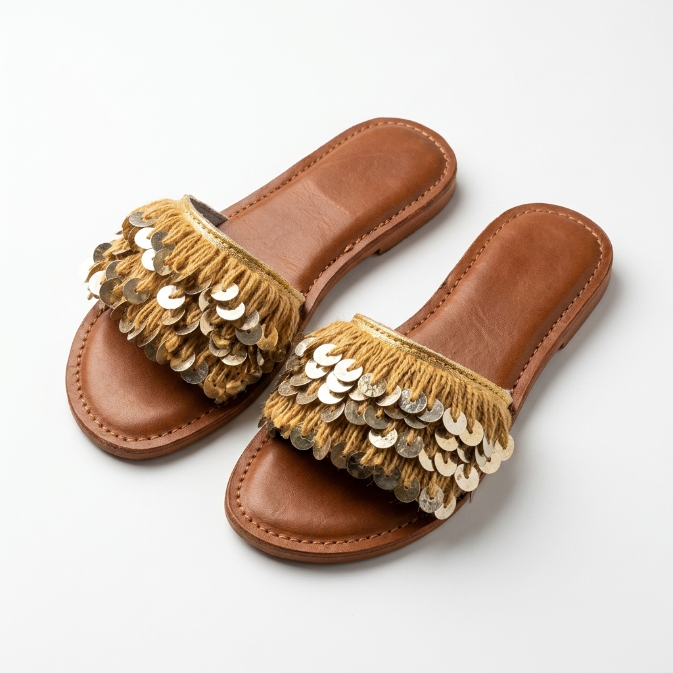 Mules Bohèmes en Cuir et Franges avec Sequins Dorés - Fait Main Maroc