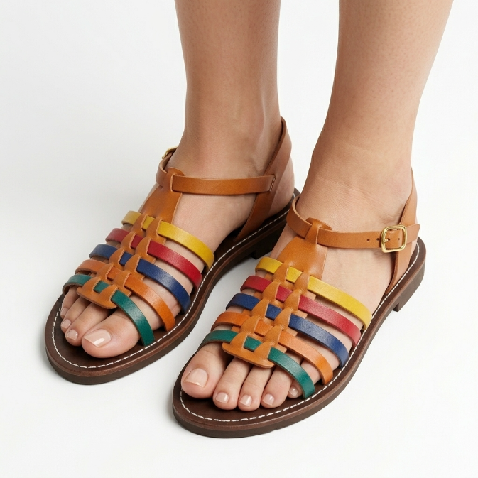 Sandales Cage Multicolores en Cuir pour Femme - Style Huarache Fait Main