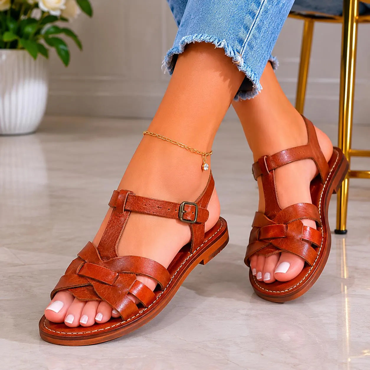 Sandales Marocaines Berbères Femme marron en Cuir Fait Main