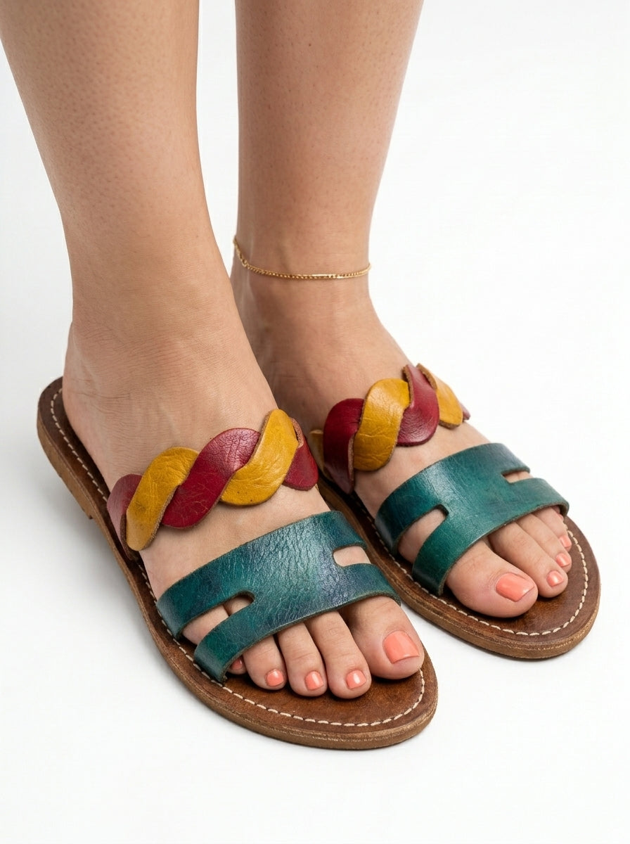 Sandales Marocaines en Cuir Multicolore pour Femme - Fait Main