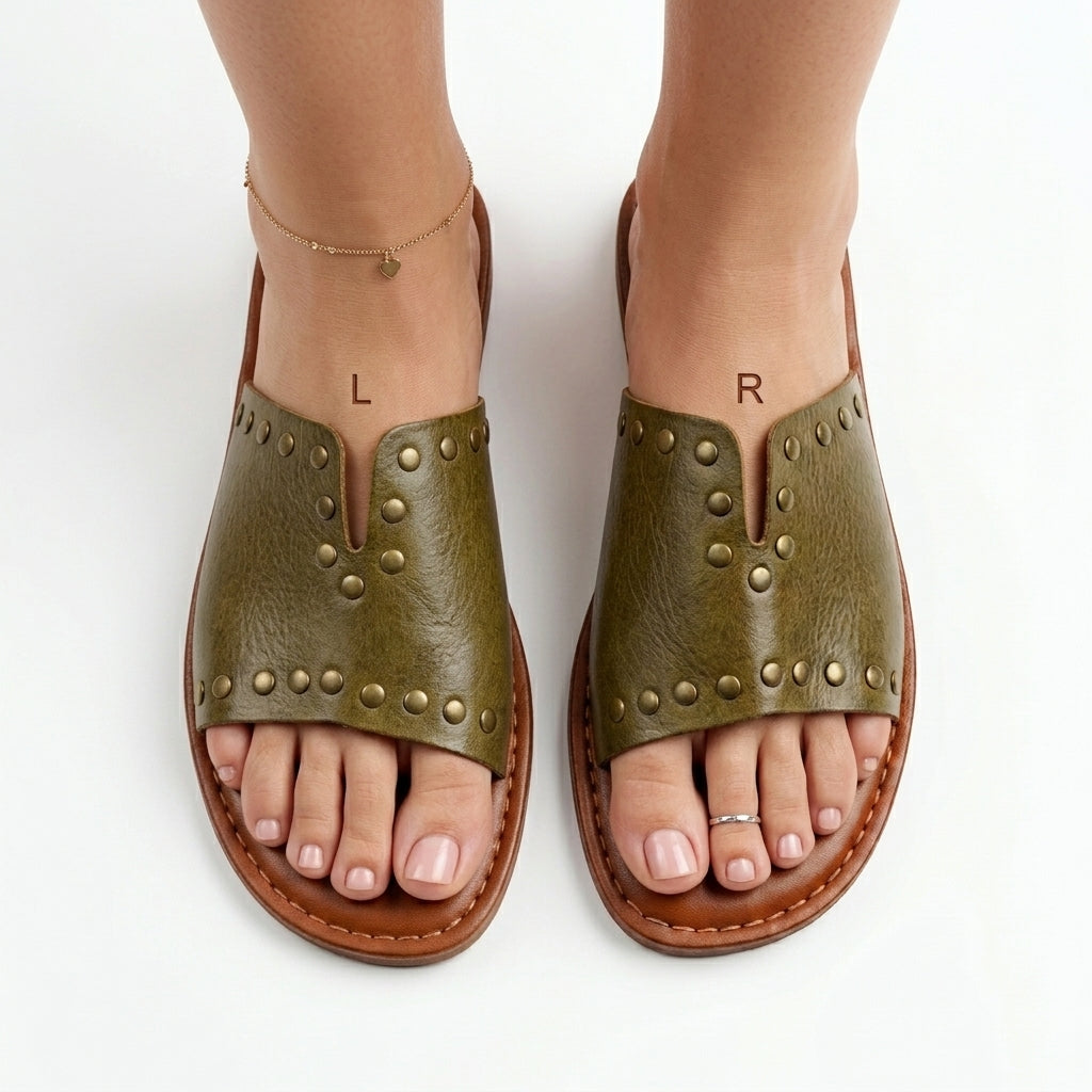 Mules en Cuir Vert Olive Cloutées pour Femme - Style Unique