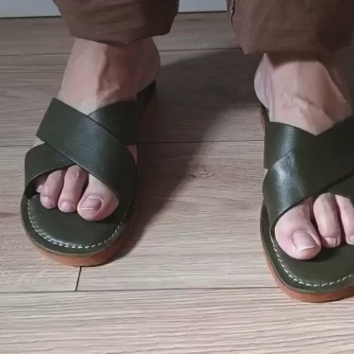 Sandales Cuir Vert Olive & Chibi Homme - Style Croisé