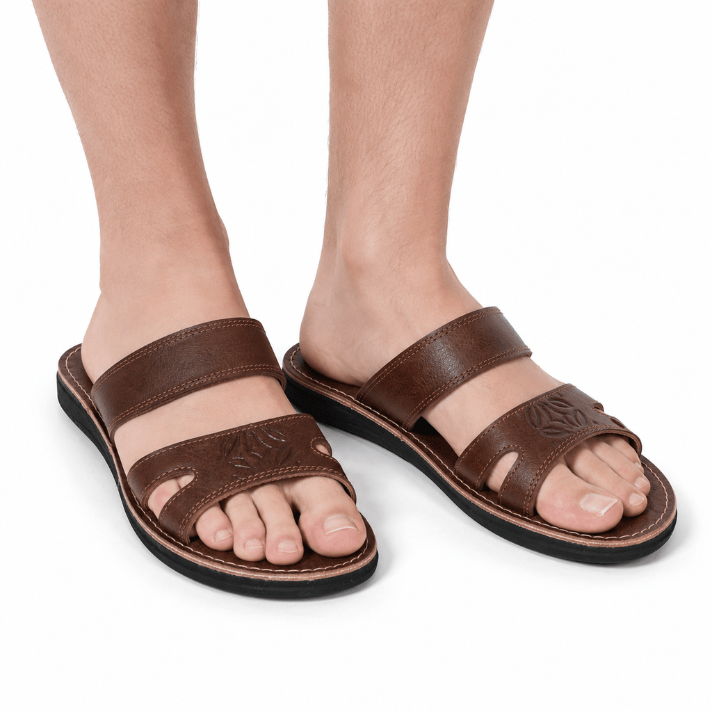Sandales Ouvertes Homme en Cuir Véritable Marron | Double Bride Artisanale | Fait Main au Maroc – Yamiriam - YaMiriam