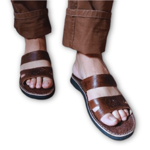 Sandales Ouvertes Homme en Cuir Véritable Marron | Double Bride Artisanale | Fait Main au Maroc – Yamiriam - YaMiriam